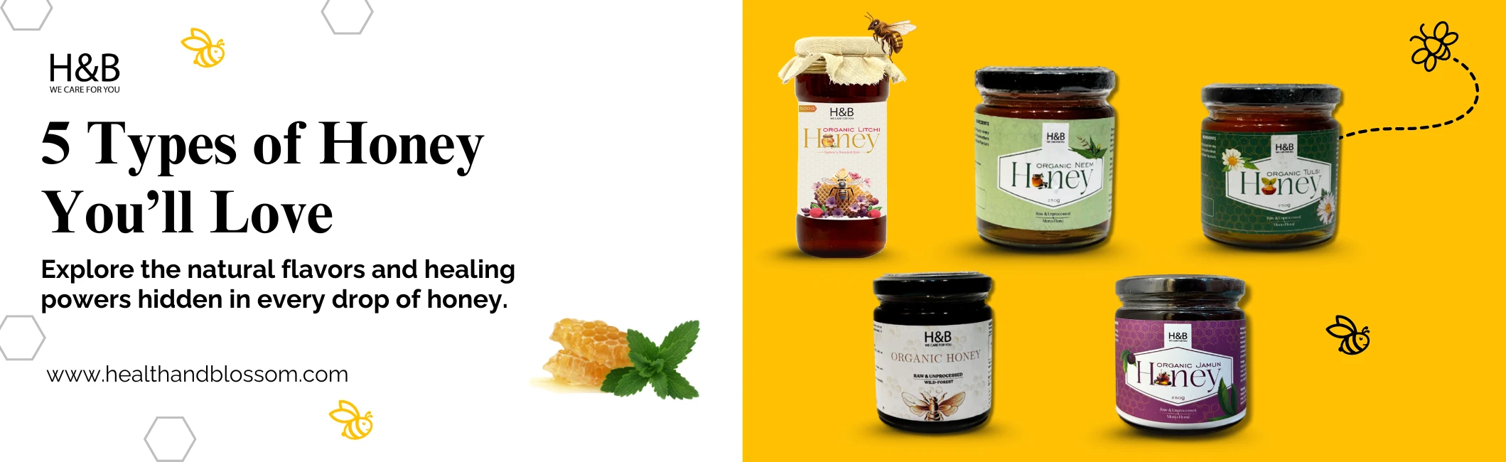 H&B honey collection banner showing 5 types of honey jars – Litchi, Neem, Tulsi, Jamun, and Wild Forest – natural flavors with health benefits